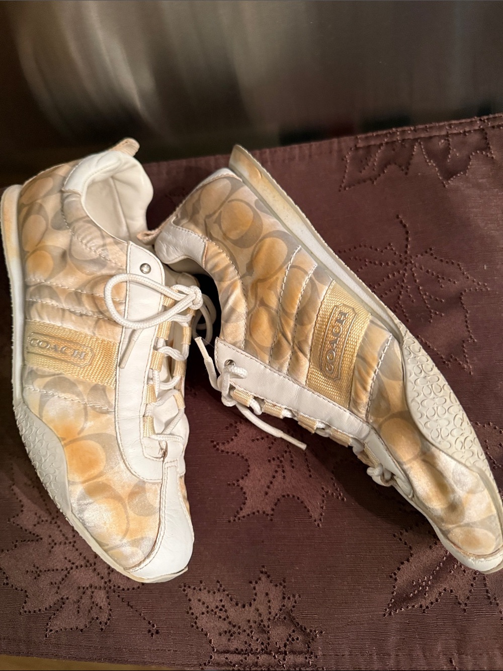 Coach Beige and White Signature Lace-Up Sneakers